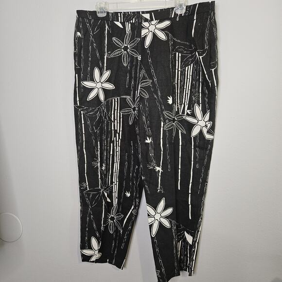 Uniform by John Paul Richards Black White Bamboo Print 100% Linen Pants Size 16 - Picture 1 of 9